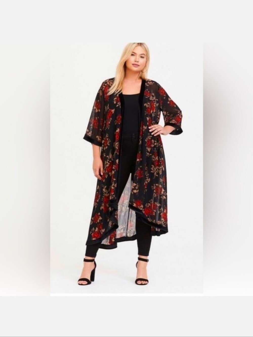 Torrid Black Sheer Floral Kimono Duster with Red Roses